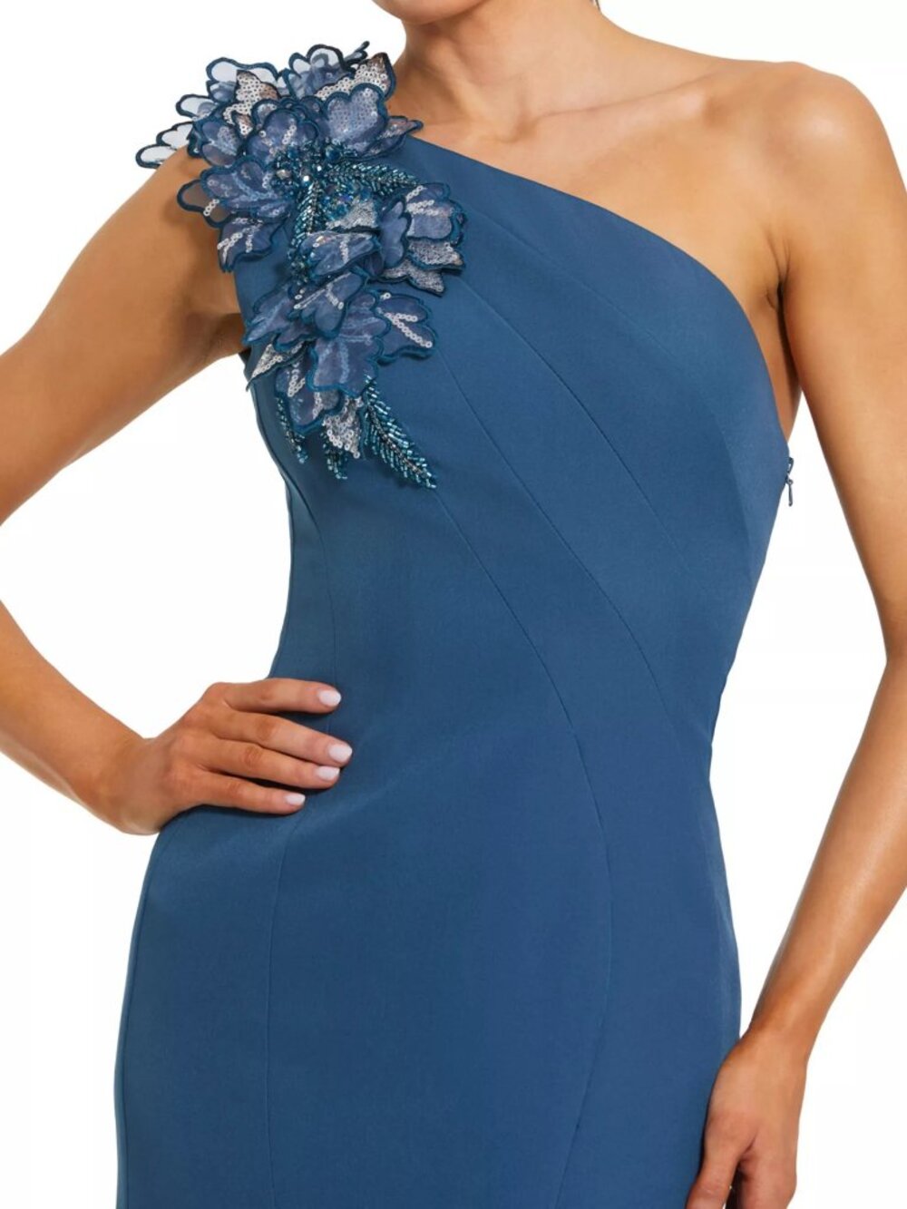 Mac Duggal Crepe One Shoulder Evening Gown With 3D Flowers